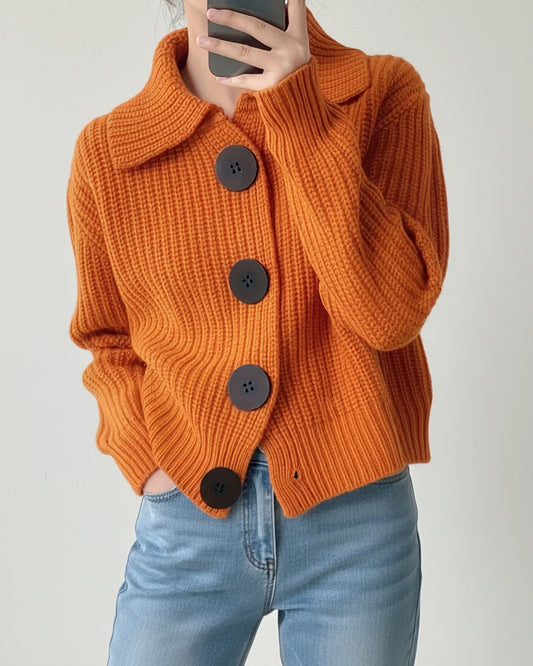 Knit Collar Cropped Cardigan Sweater in Orange - front view