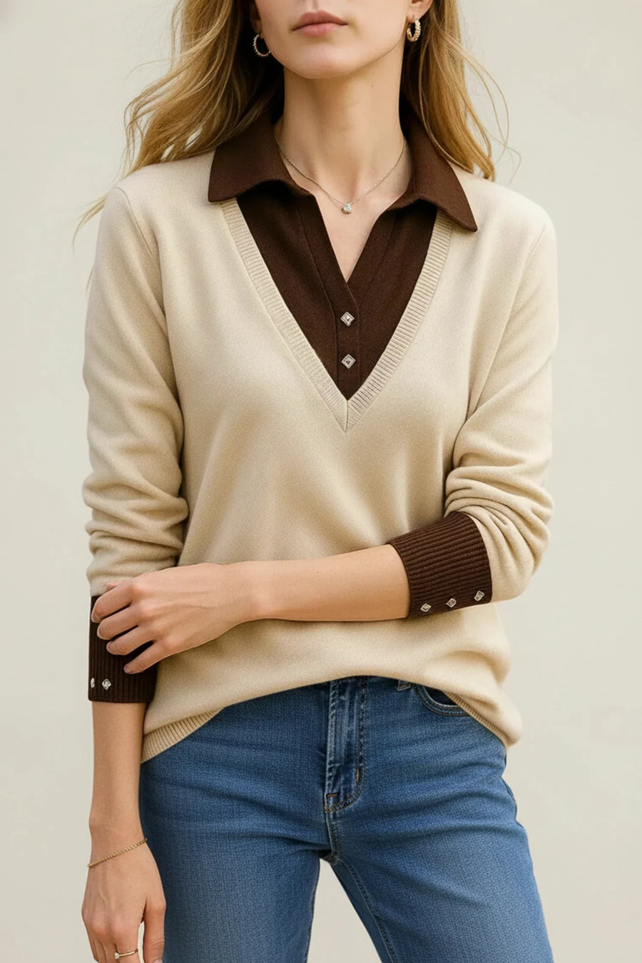 Luvrefashion | V Neck Sweater with Collar for in Brown - image 8
