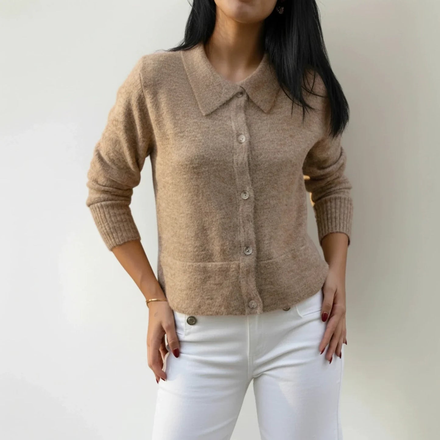 Winter Cardigan Sweater with Collar for in Beige - side view