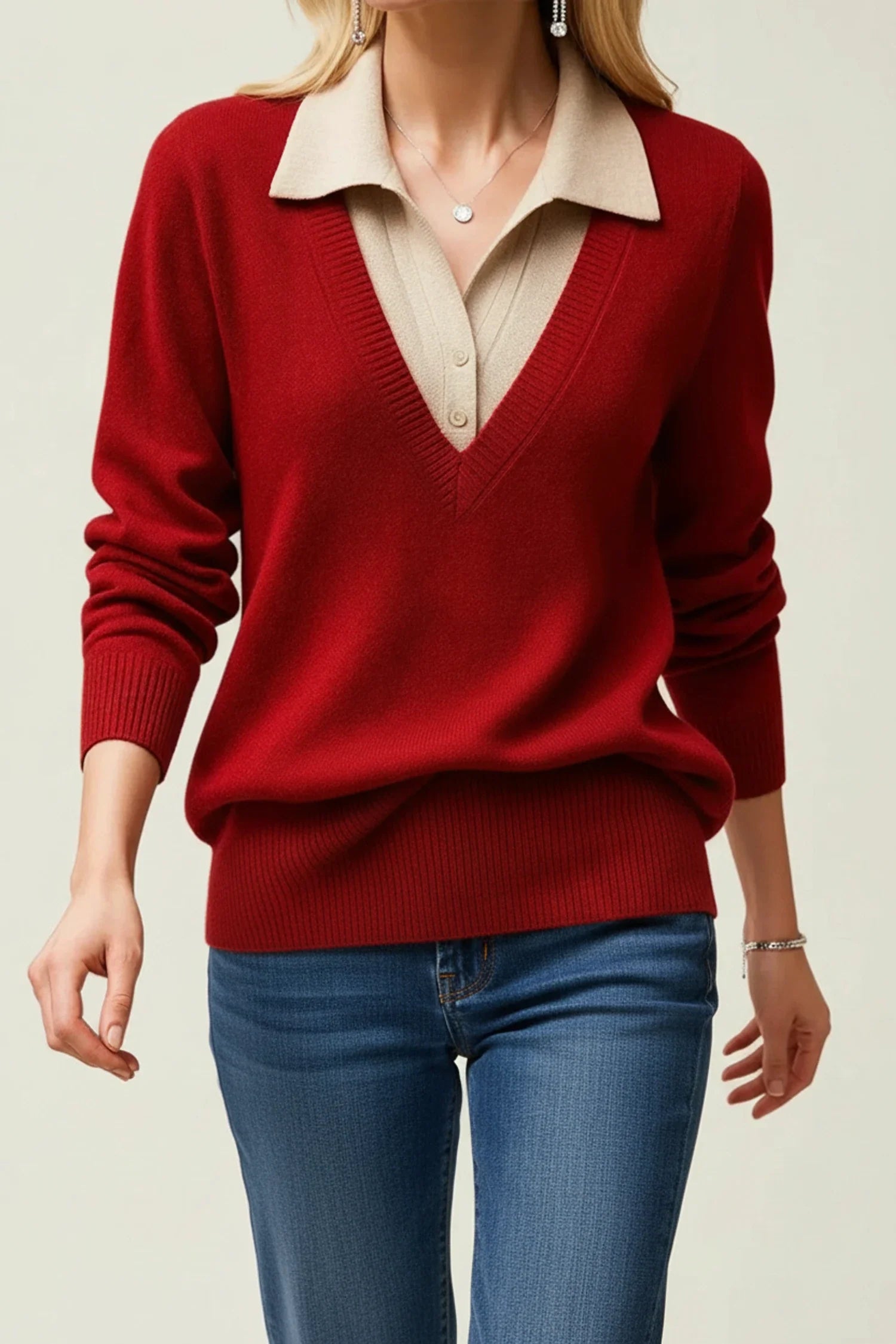 Luvrefashion | V Neck Sweater with Collar for in Brown - back view