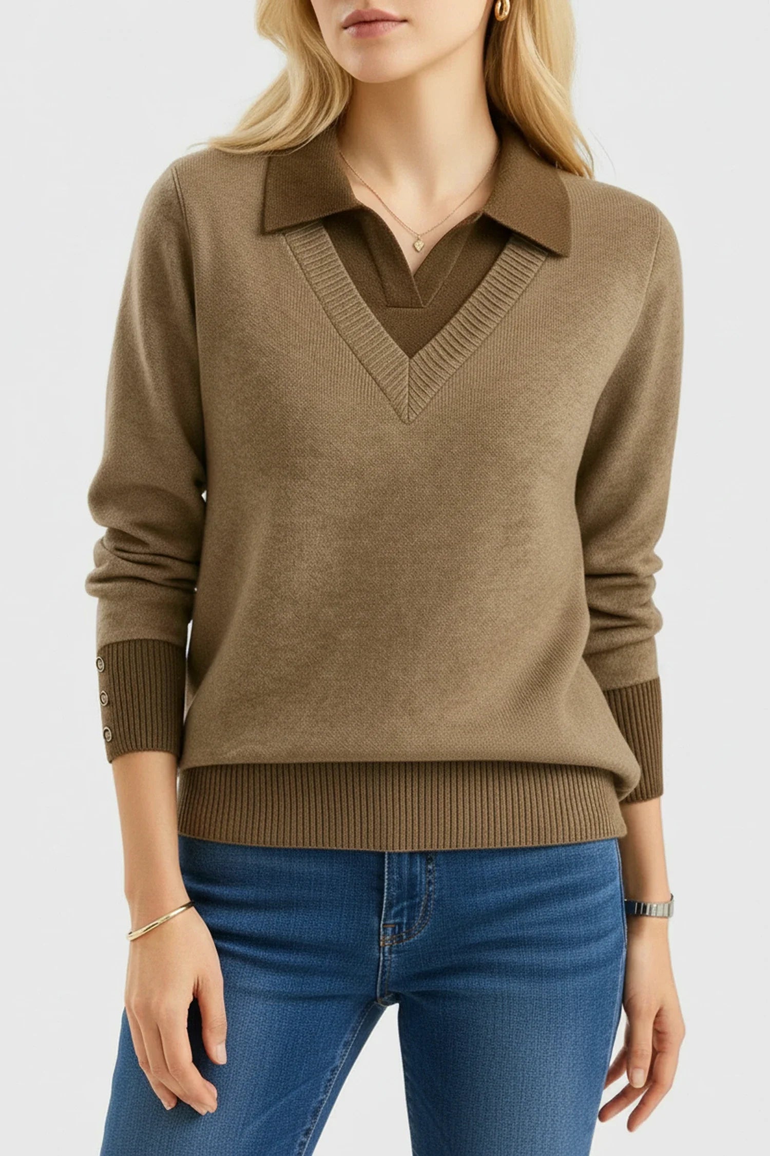 Luvrefashion | V Neck Sweater with Collar for in Brown - front view