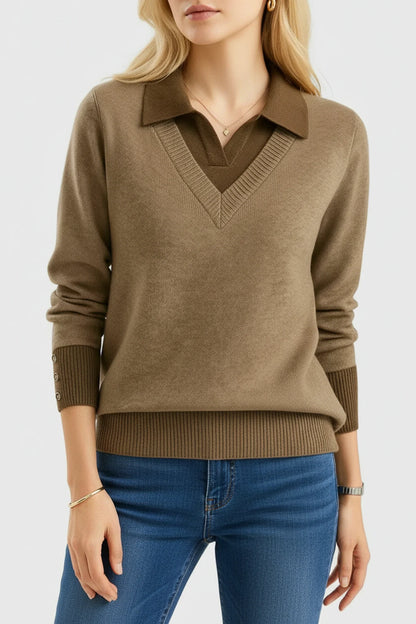 Luvrefashion | V Neck Sweater with Collar for in Brown - front view