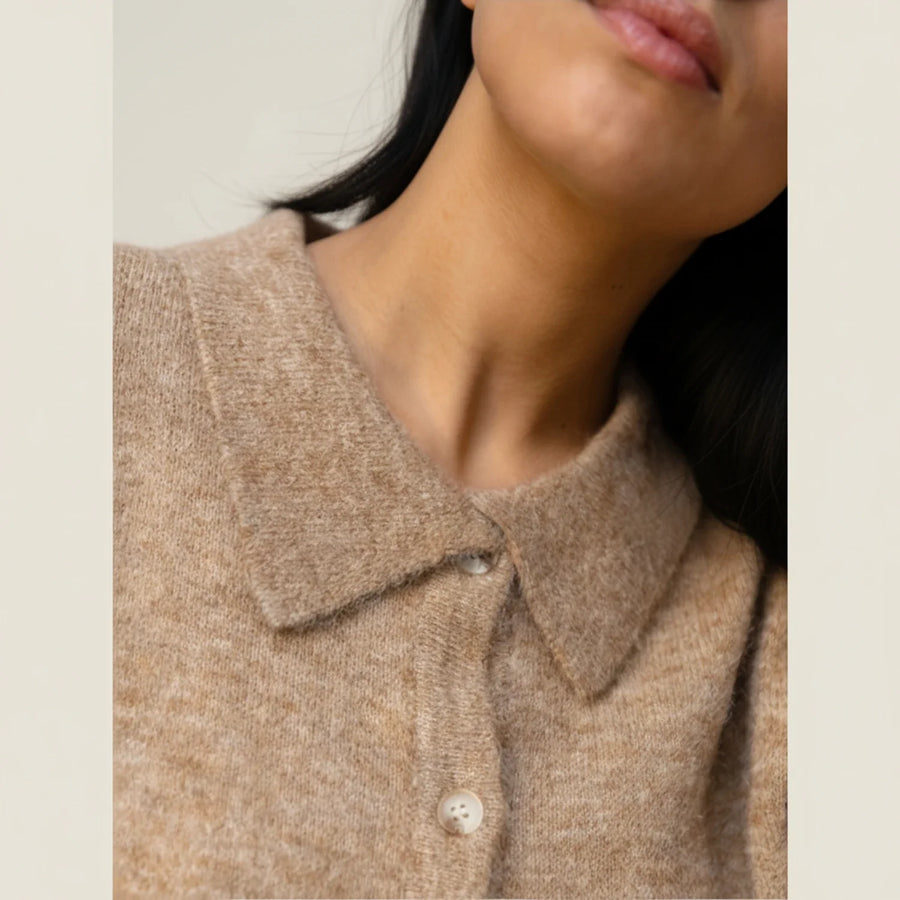 Luvrefashion | Winter Cardigan Sweater with Collar for in Beige - detail view