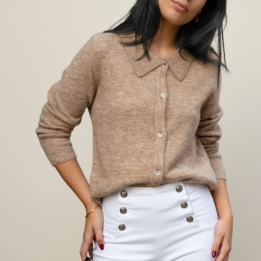 Luvrefashion | Winter Cardigan Sweater with Collar for in Beige - back view
