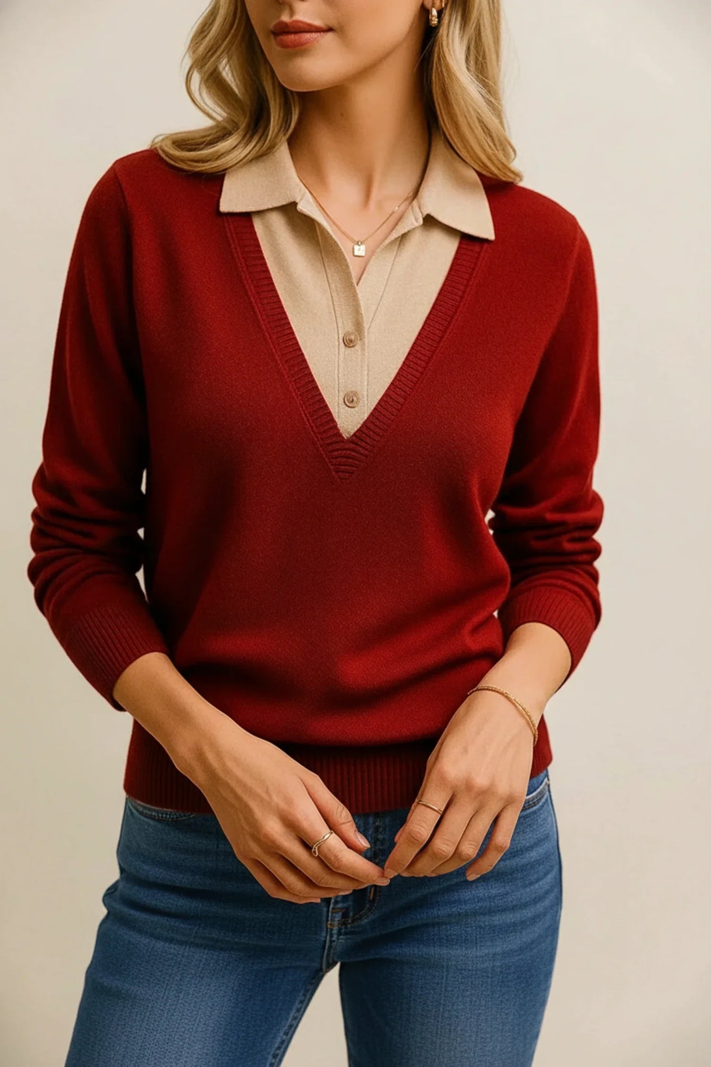 Luvrefashion | V Neck Sweater with Collar for in Brown - detail view