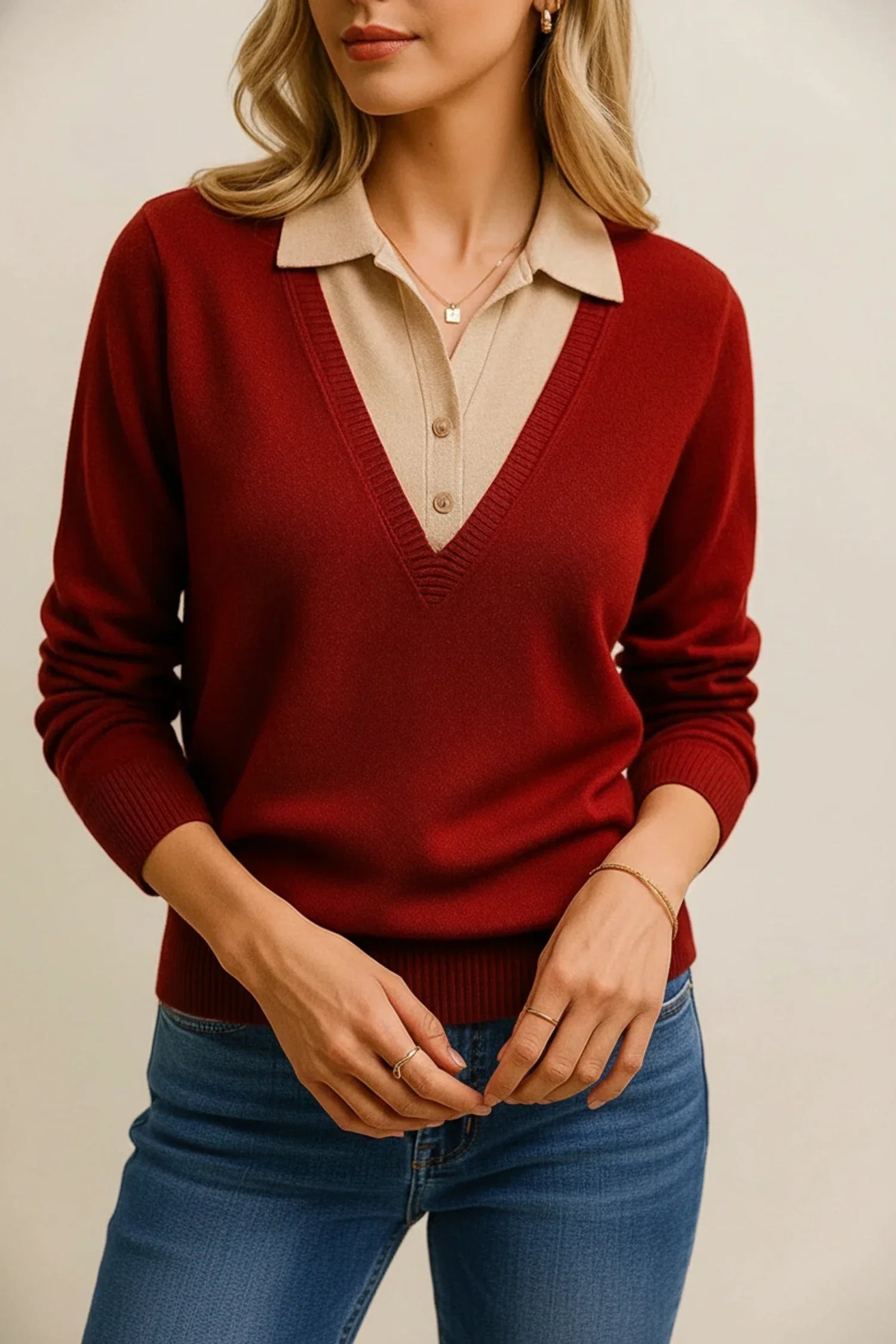 Luvrefashion | V Neck Sweater with Collar for in Brown - detail view