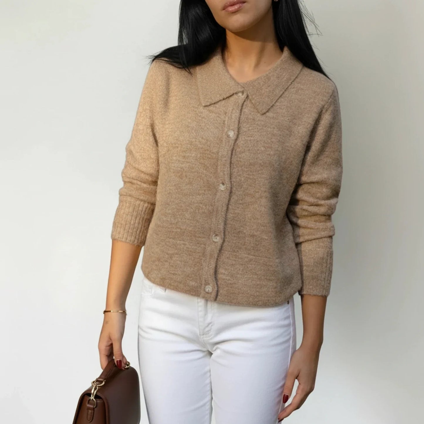 Winter Cardigan Sweater with Collar for in Beige - front view