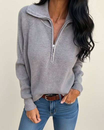 Ribbed Zip Up Sweater for in Beige - styled look