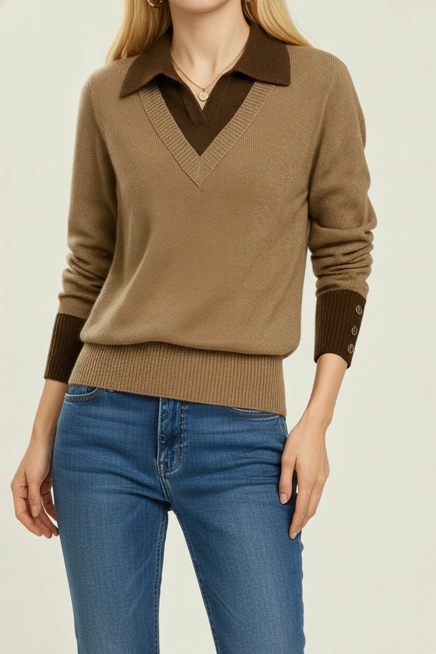 Luvrefashion | V Neck Sweater with Collar for in Brown - side view