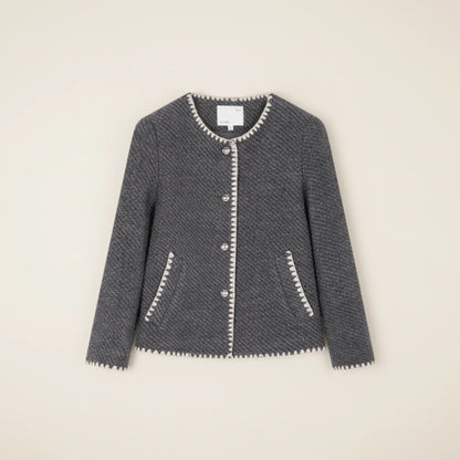 Collarless Knit Cardigan Jacket for in Dark Gray - detail view