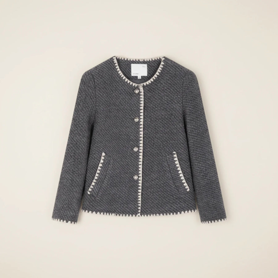 Luvrefashion | Collarless Knit Cardigan Jacket for in Dark Gray - detail view