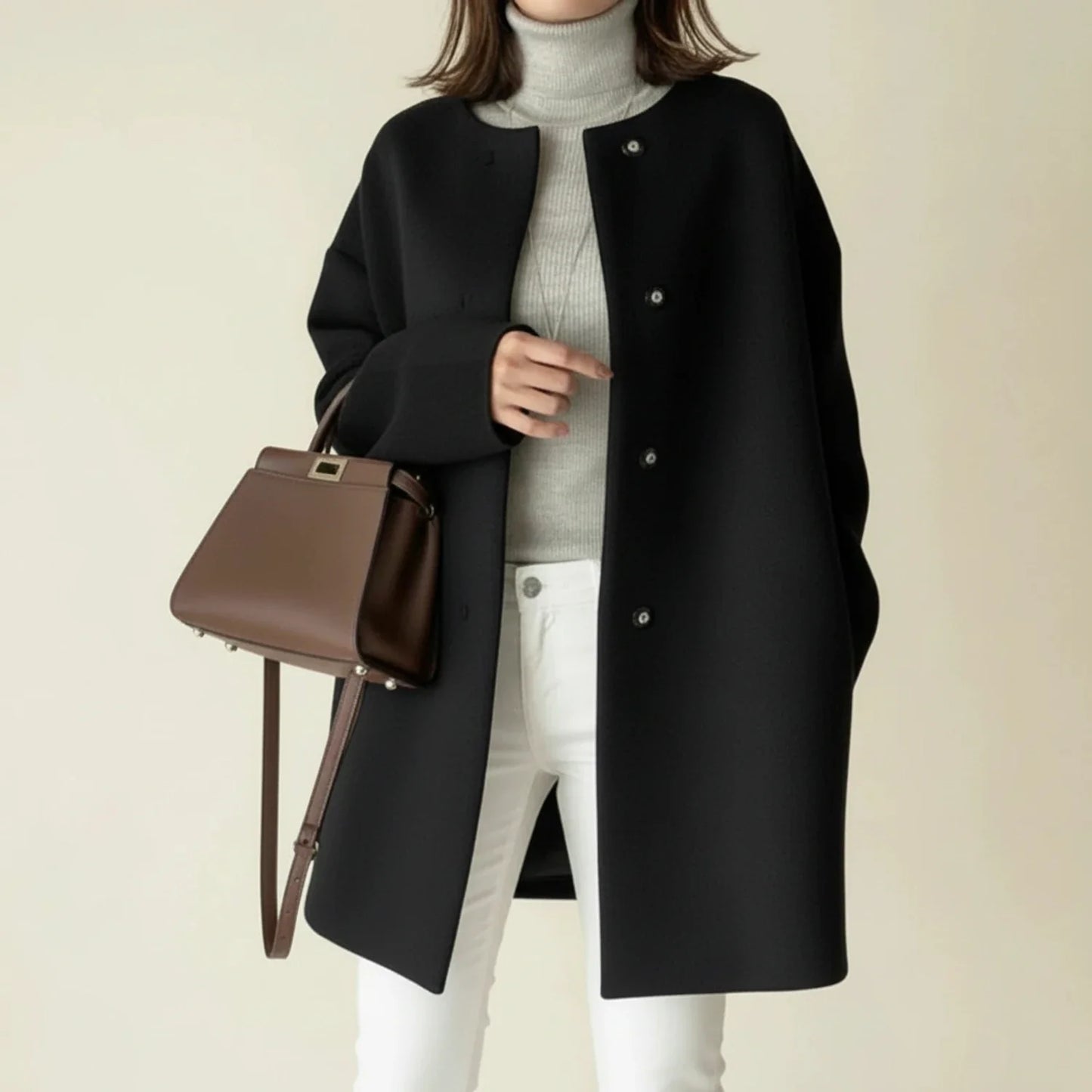 Sleek Collarless Winter Coat in Black - front view