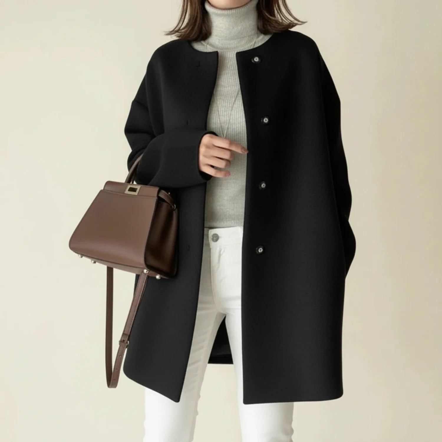 Sleek Collarless Winter Coat in Black - front view