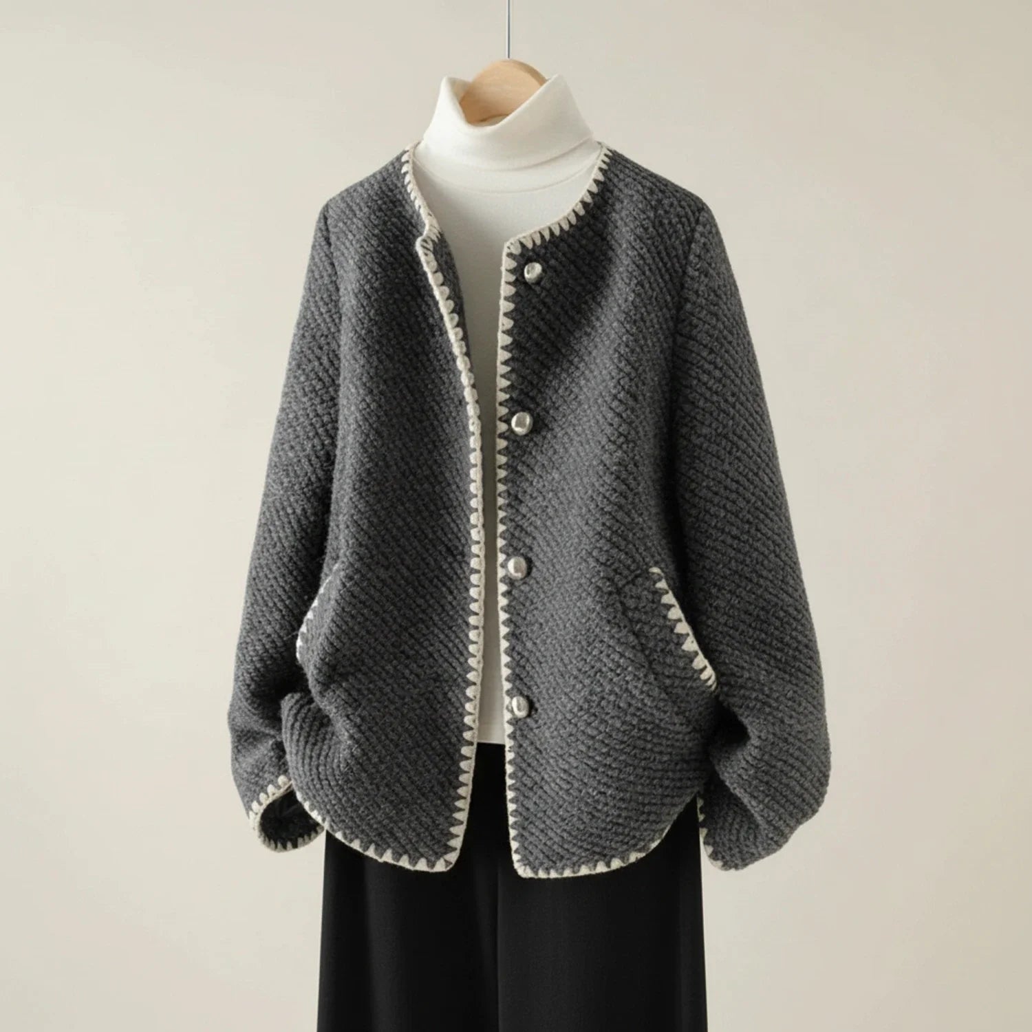 Collarless Knit Cardigan Jacket for in Dark Gray - front view