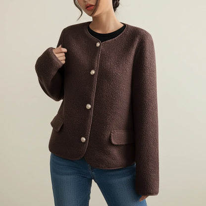 Collarless Tweed Inspired Jacket for in Dark Brown - side view