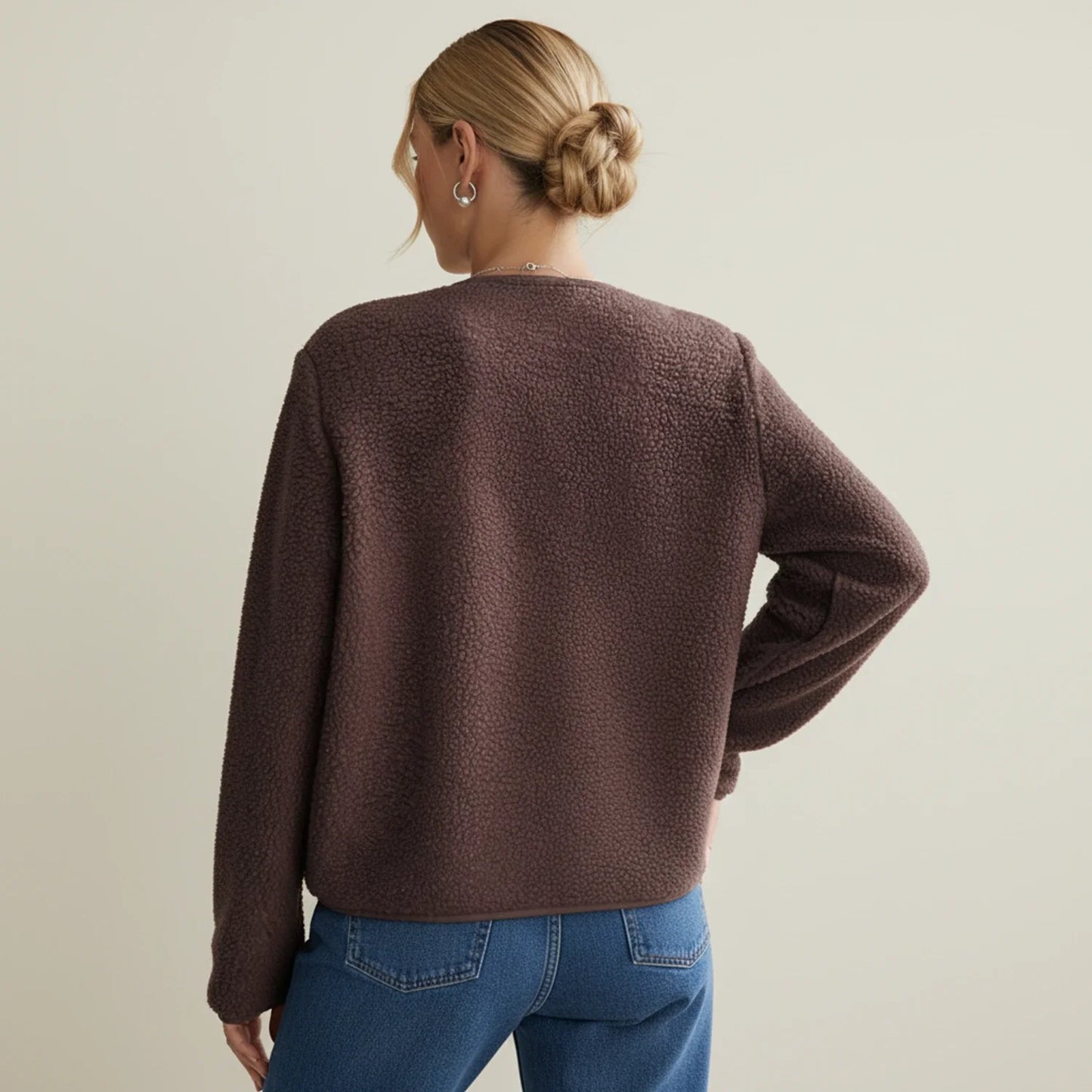 Collarless Tweed Inspired Jacket for in Dark Brown - back view