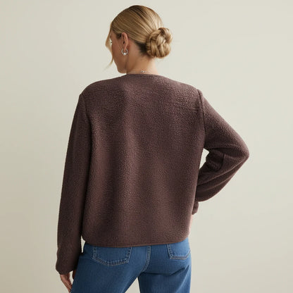 Collarless Tweed Inspired Jacket for in Dark Brown - back view