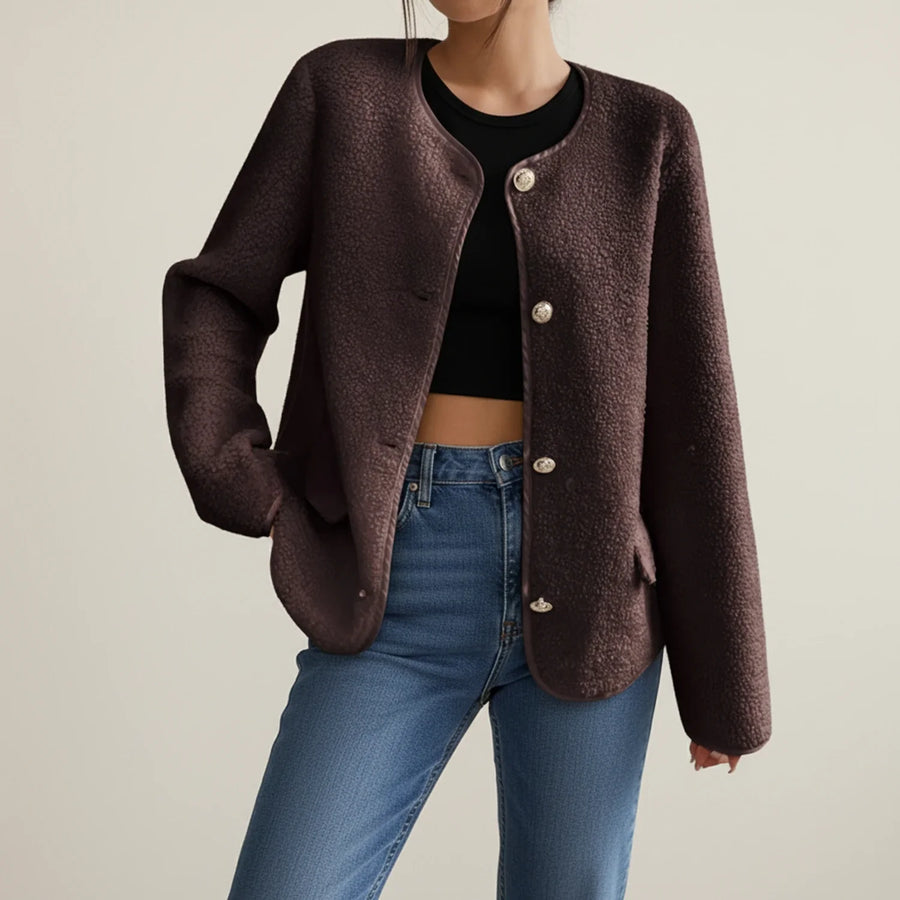 Luvrefashion | Collarless Tweed Inspired Jacket for in Dark Brown - detail view