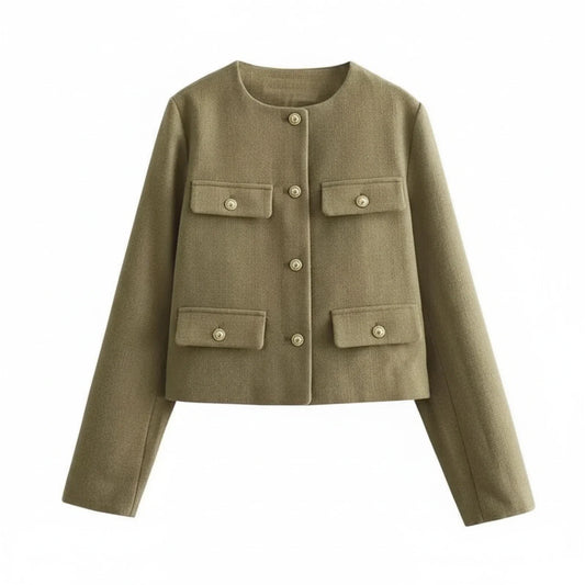 Cropped Collarless Blazer for in Khaki - front view