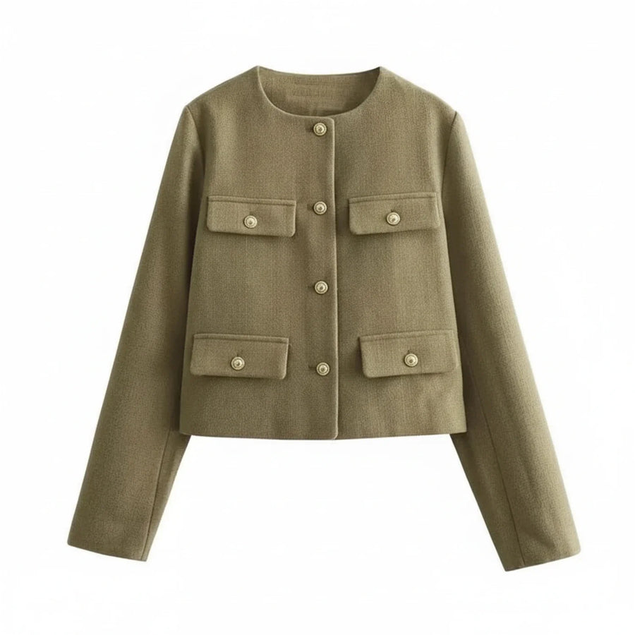 Luvrefashion | Cropped Collarless Blazer for in Khaki - front view