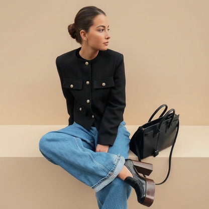 Cropped Collarless Blazer for in Khaki - image 6