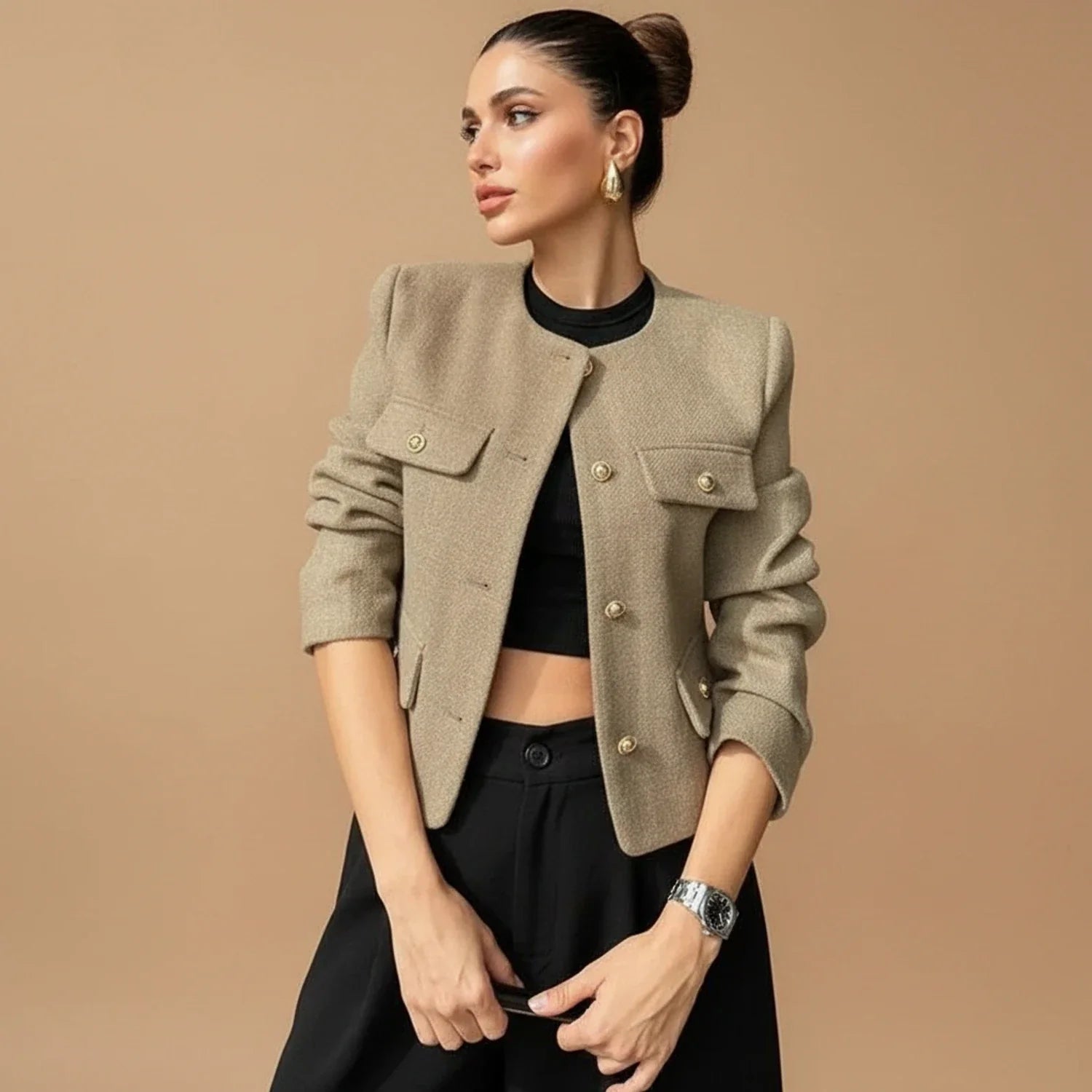 Cropped Collarless Blazer for in Khaki - back view