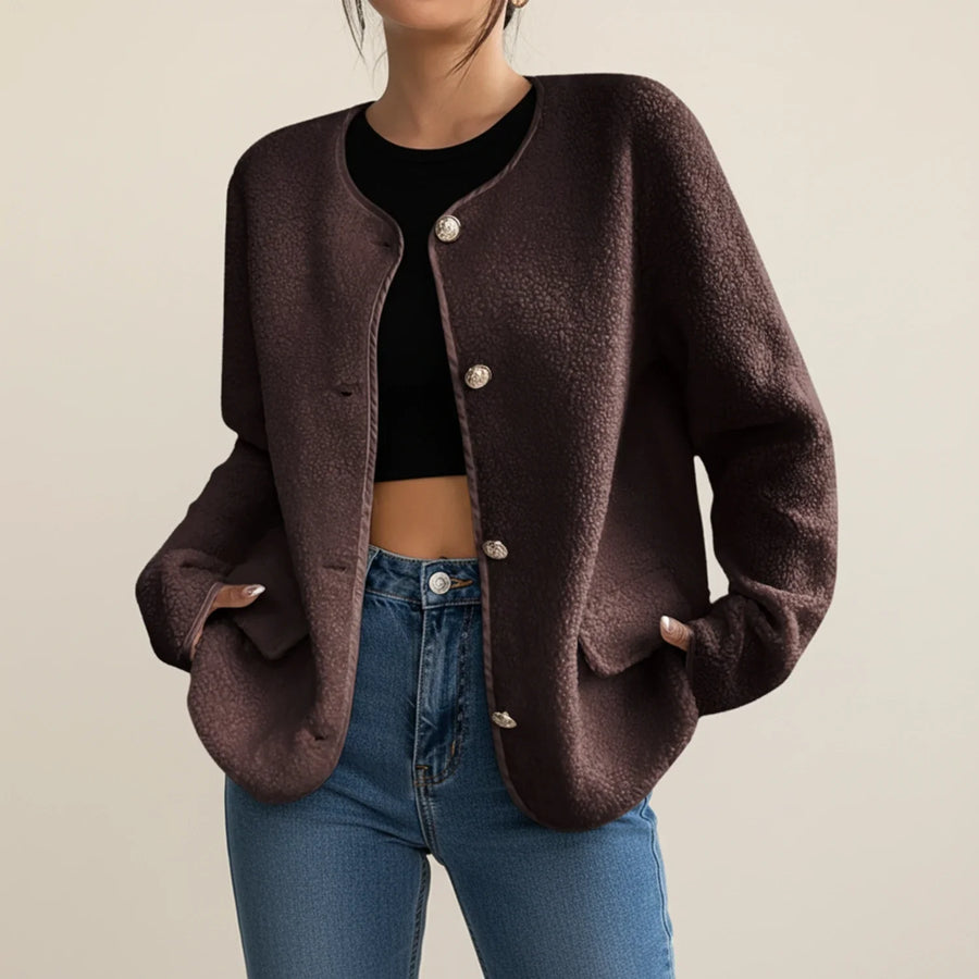 Luvrefashion | Collarless Tweed Inspired Jacket for in Dark Brown - front view
