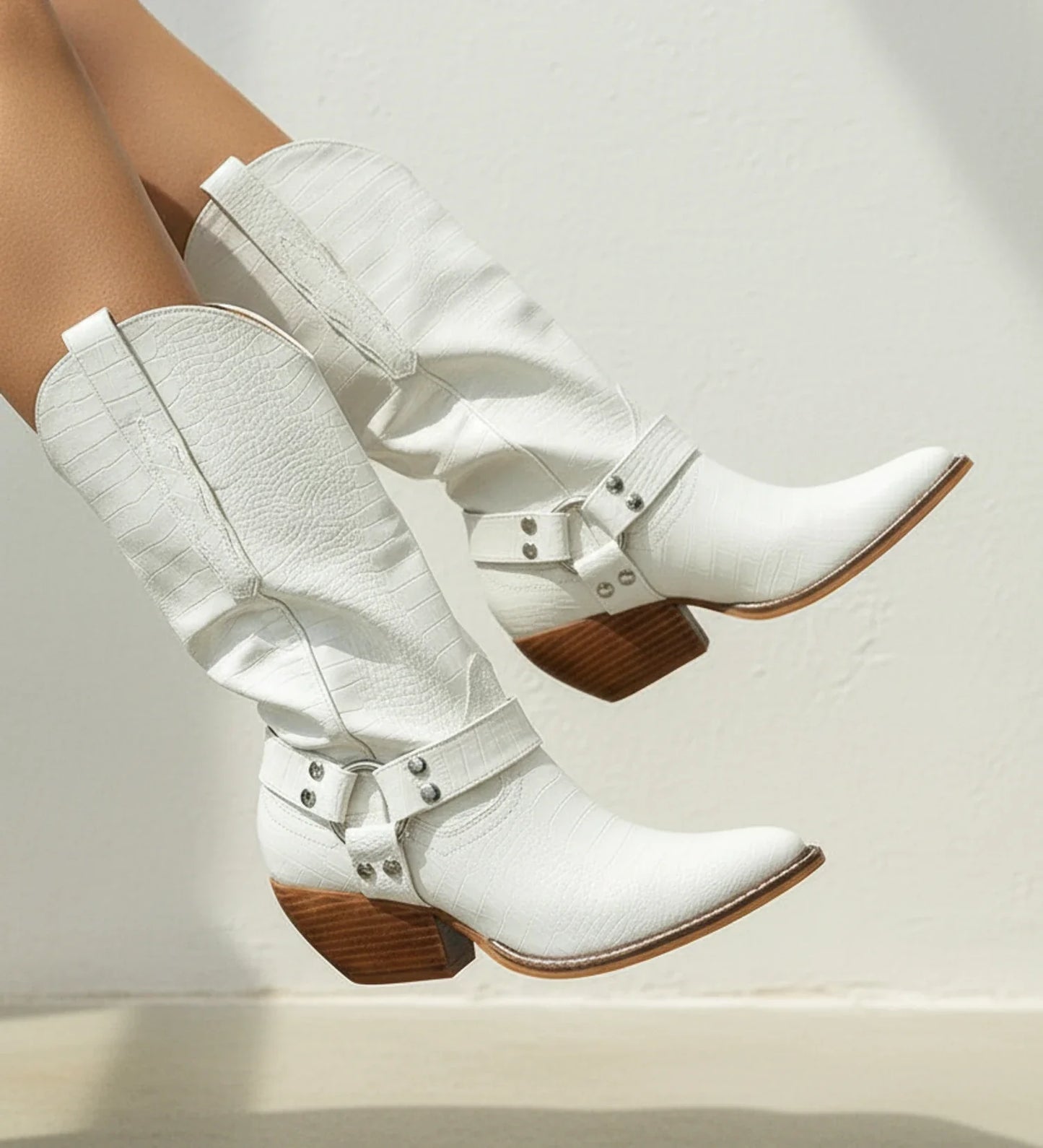 White Western Boots with Harness Straps for in White - front view
