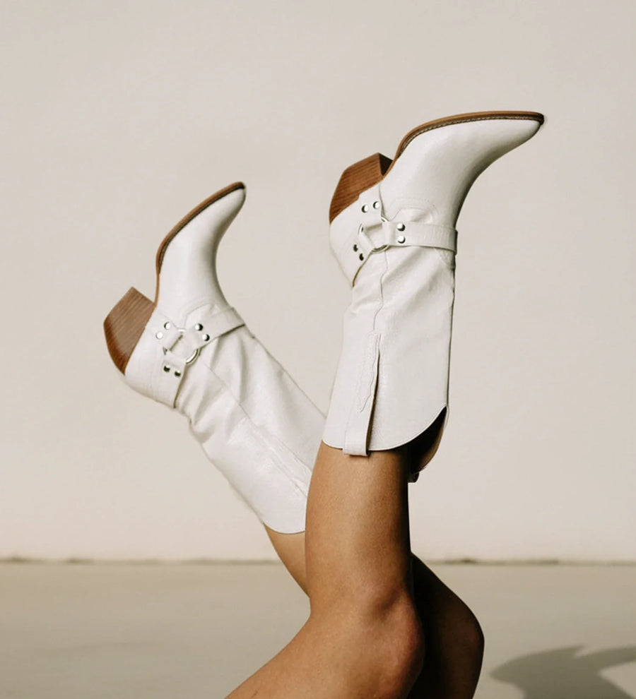 Luvrefashion | White Western Boots with Harness Straps for in White - side view