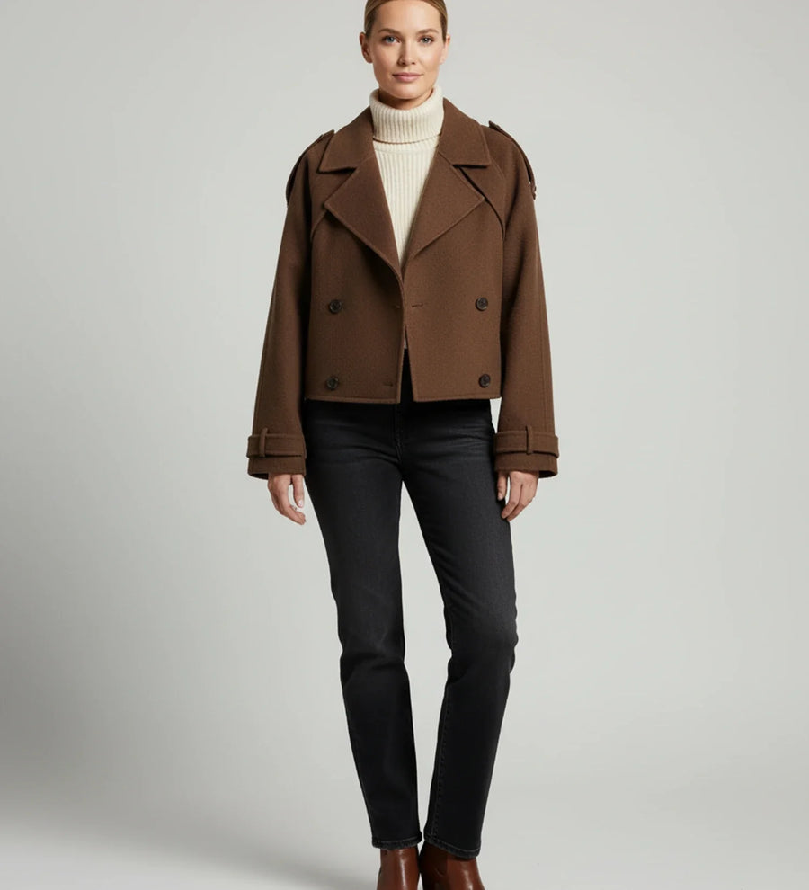 Luvrefashion | Double Breasted Cropped Coat for in Brown - back view