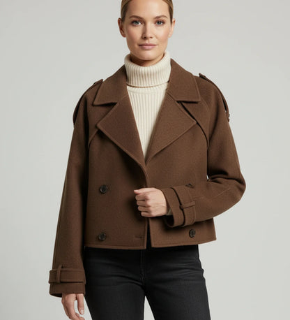 Double Breasted Cropped Coat for in Brown - front view