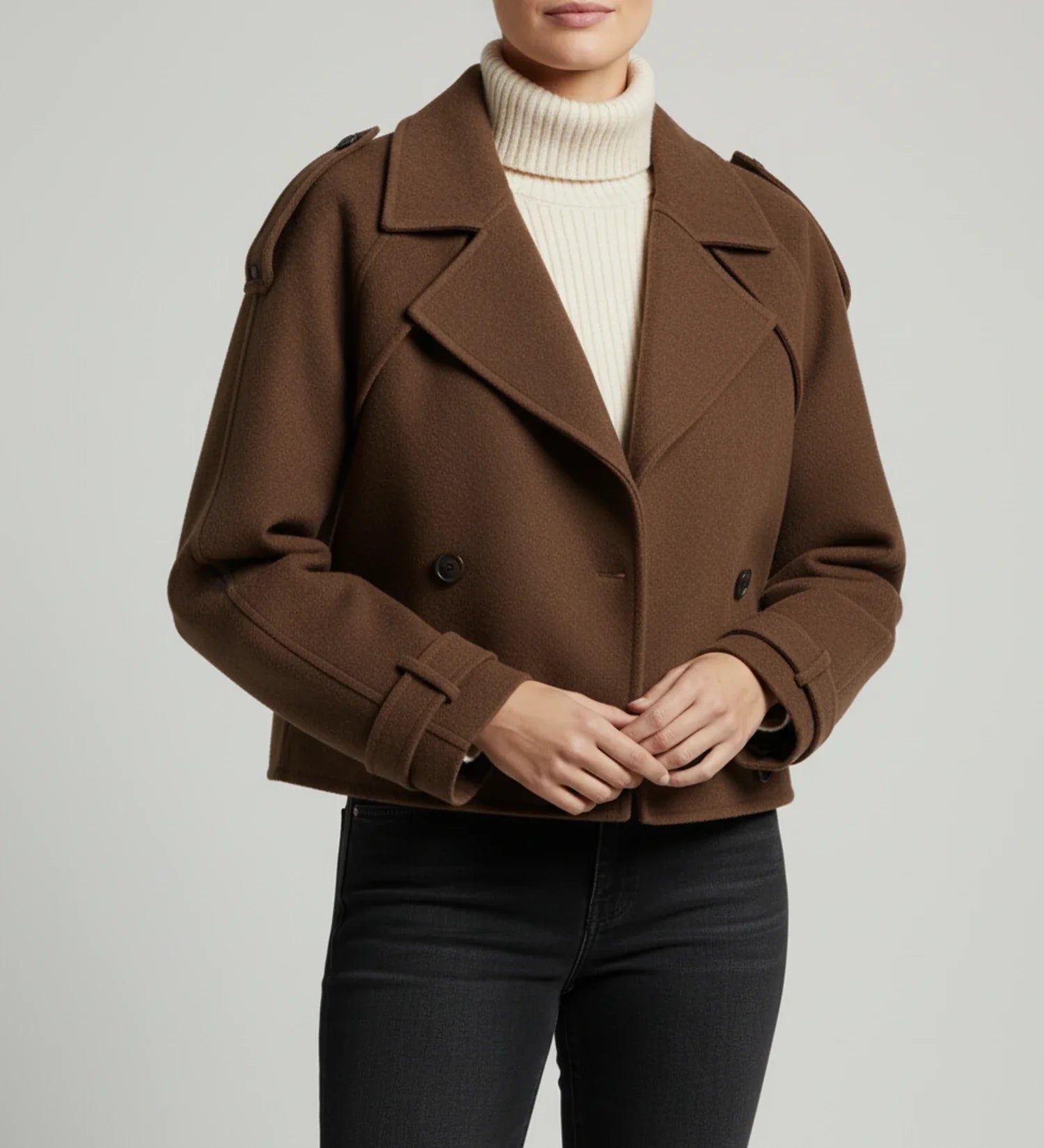 Double Breasted Cropped Coat for in Brown - side view