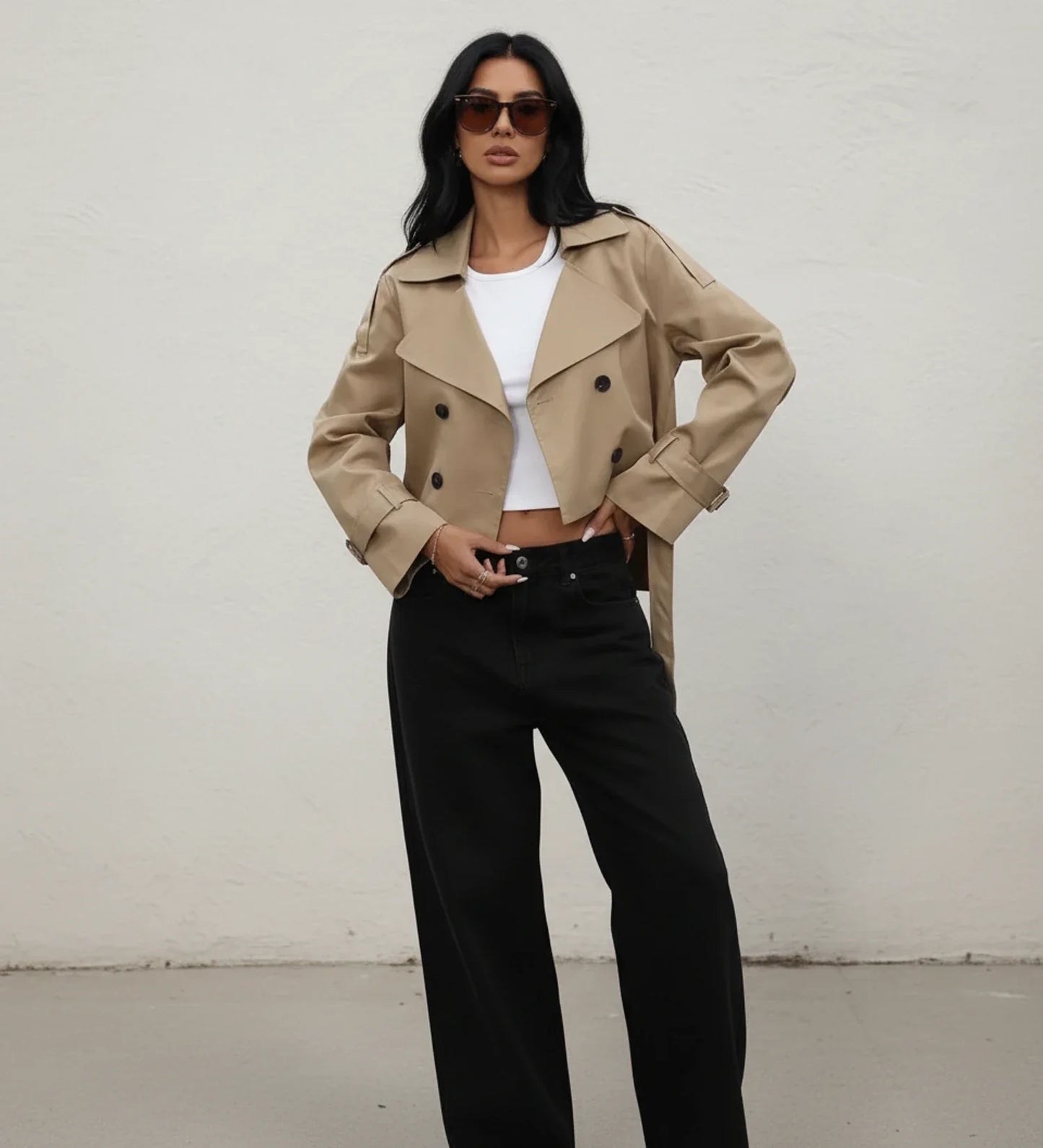 Luvrefashion | Double Breasted Cropped Trench Jacket for in Khaki - front view