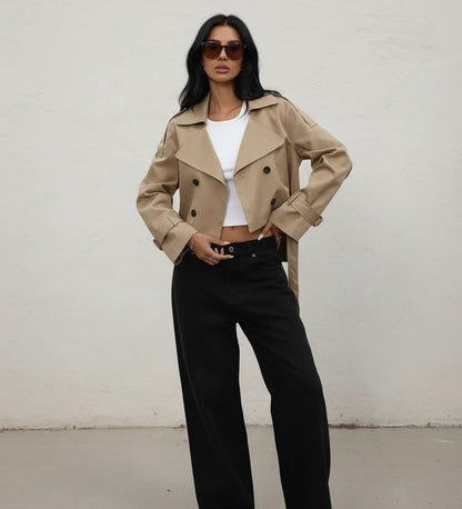 Luvrefashion | Double Breasted Cropped Trench Jacket for in Khaki - front view