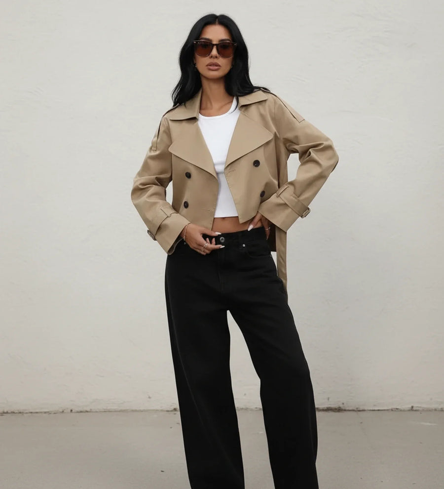 Luvrefashion | Double Breasted Cropped Trench Jacket for in Khaki - front view