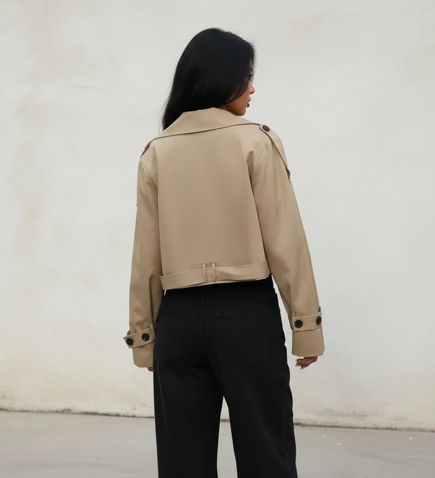 Luvrefashion | Double Breasted Cropped Trench Jacket for in Khaki - side view