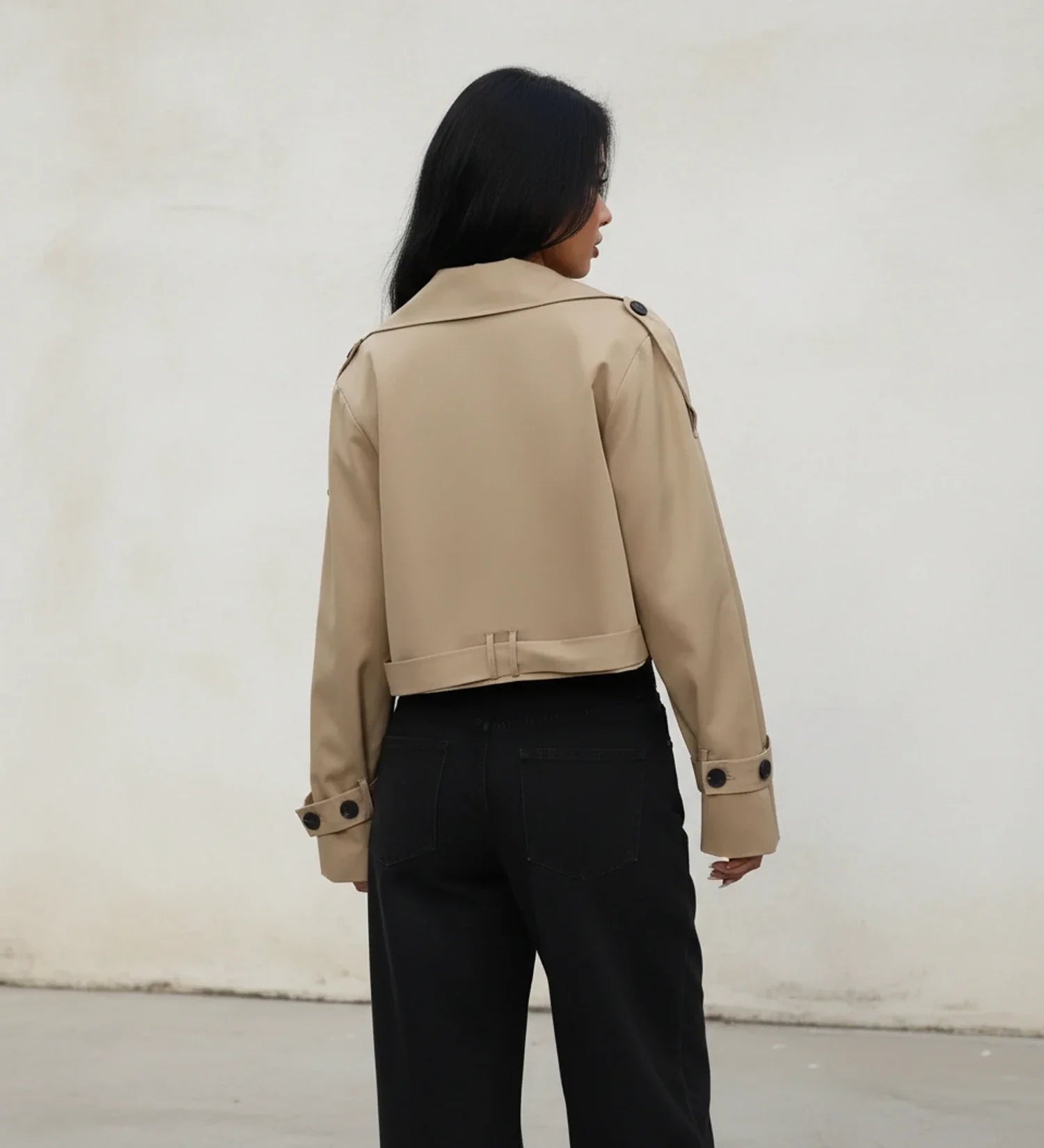 Luvrefashion | Double Breasted Cropped Trench Jacket for in Khaki - side view