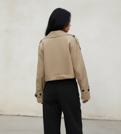 Luvrefashion | Double Breasted Cropped Trench Jacket for in Khaki - side view