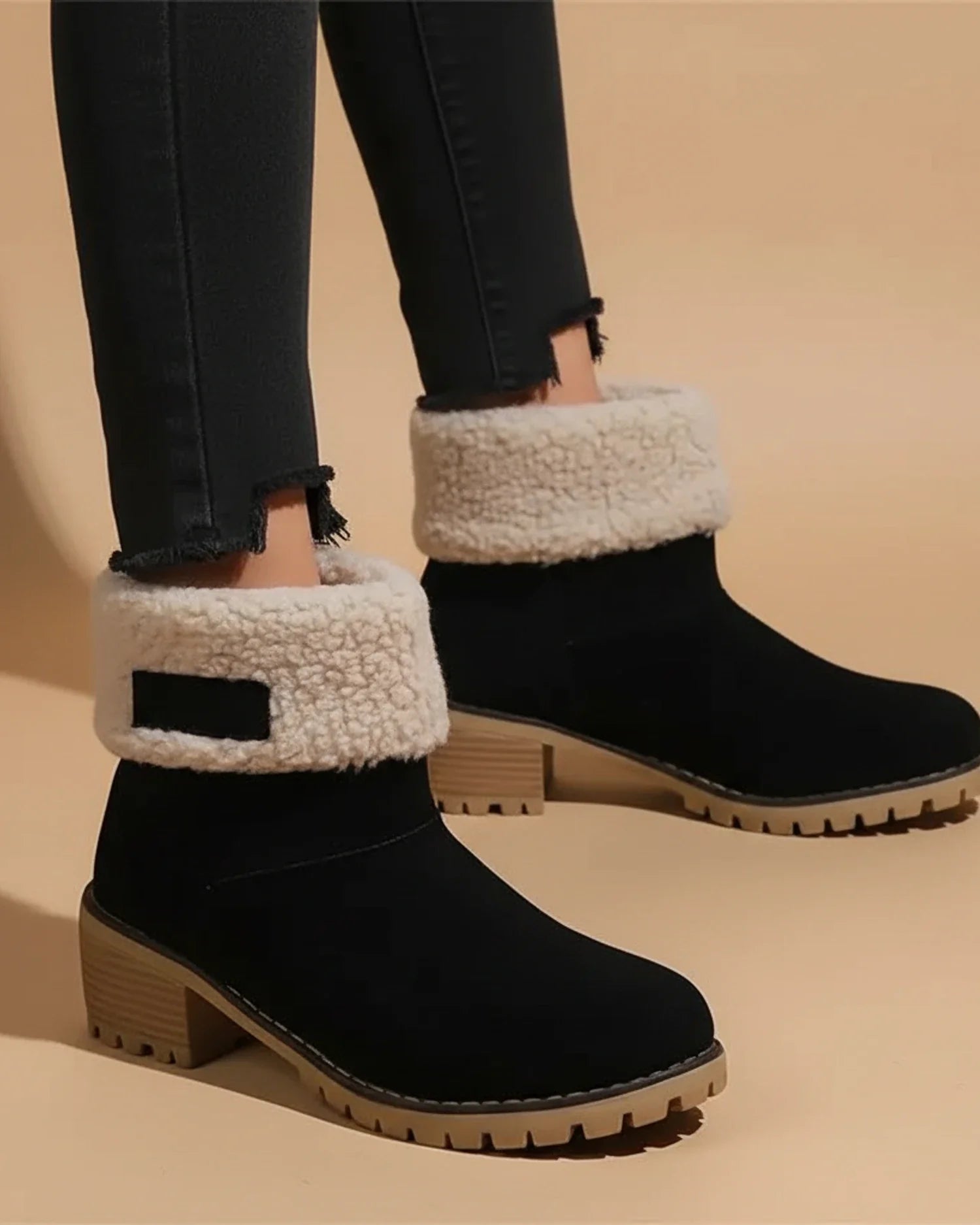Cuffed Sherpa Lined Block Heel Ankle Boots for in Black - back view