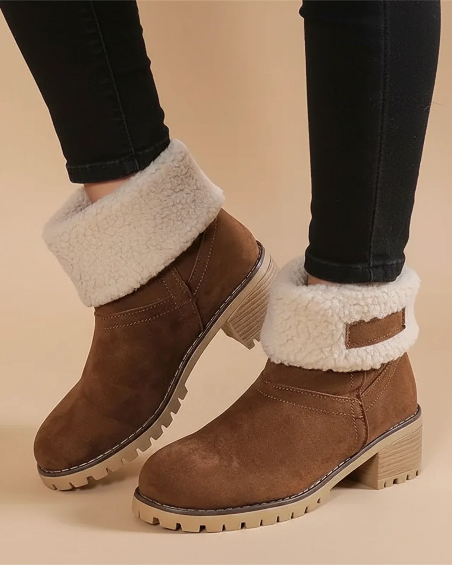 Luvrefashion | Cuffed Sherpa Lined Block Heel Ankle Boots for in Black - detail view