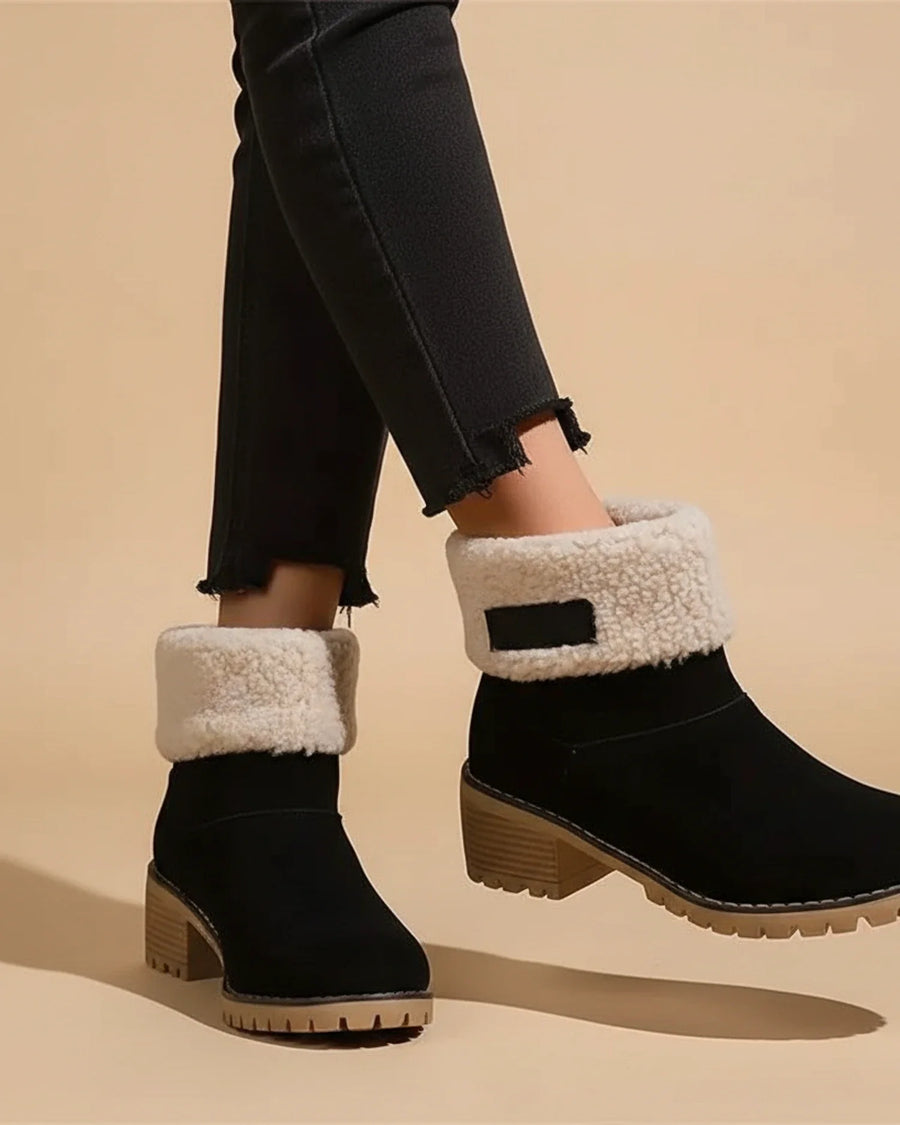 Luvrefashion | Cuffed Sherpa Lined Block Heel Ankle Boots for in Black - side view