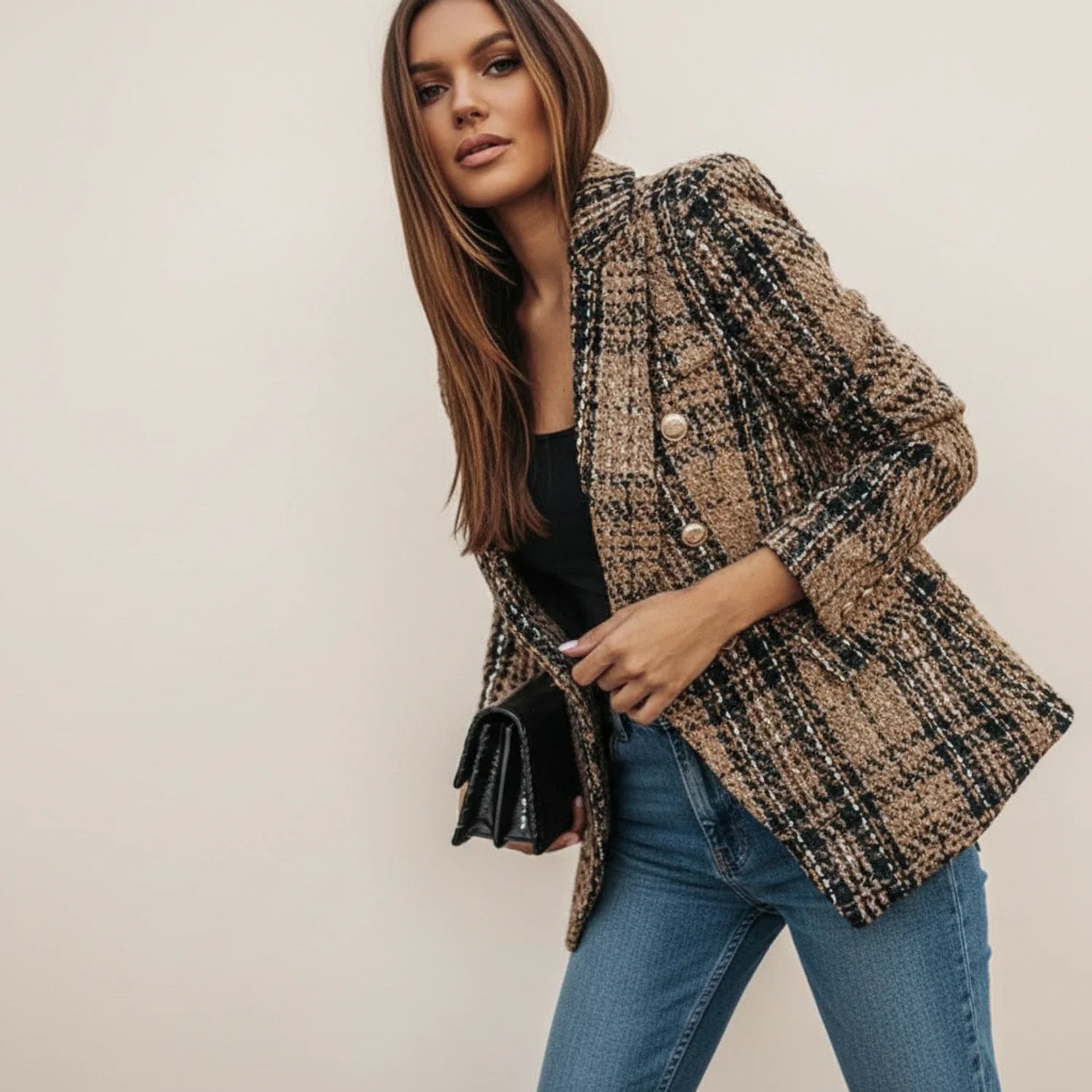 Luvrefashion | Plaid Double Breasted Blazer for in Brown - front view