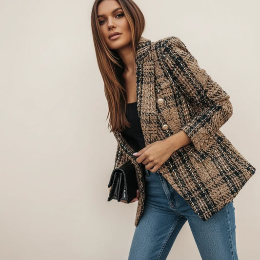 Plaid Double Breasted Blazer for in Brown - front view