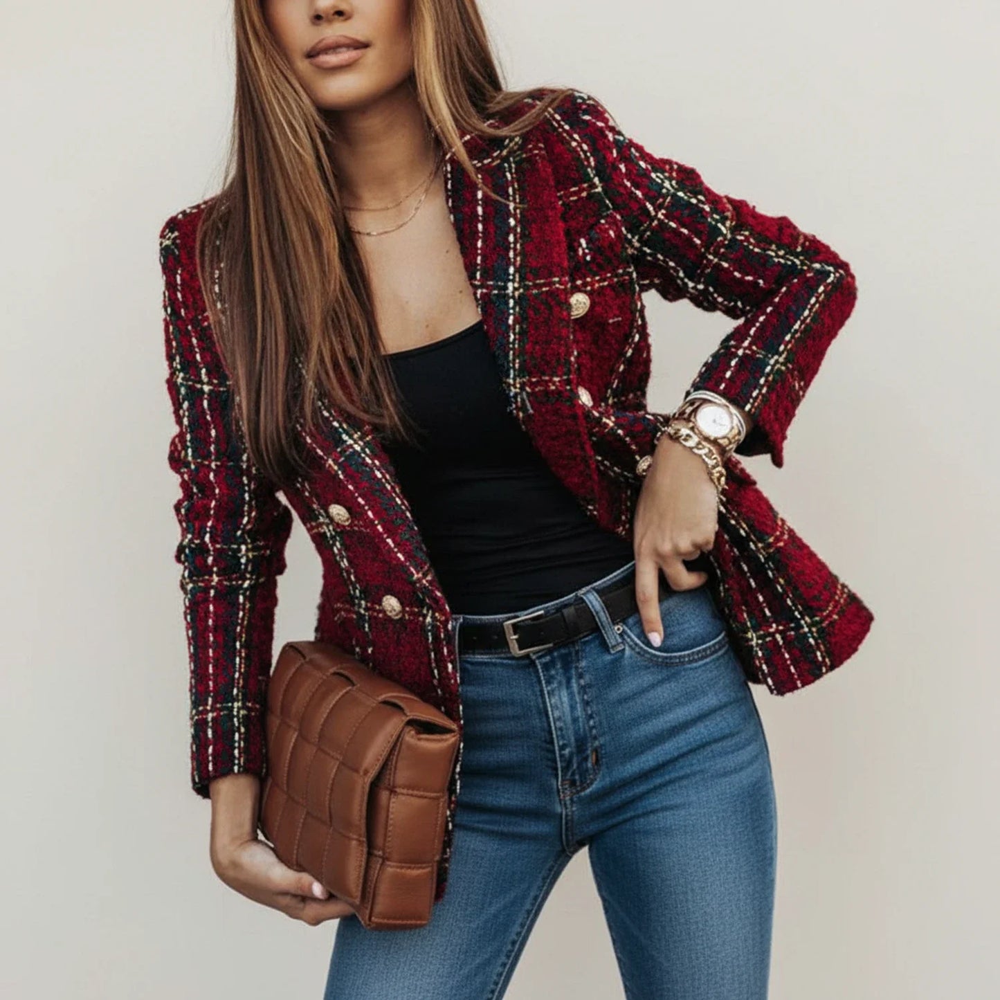 Luvrefashion | Plaid Double Breasted Blazer for in Brown - detail view