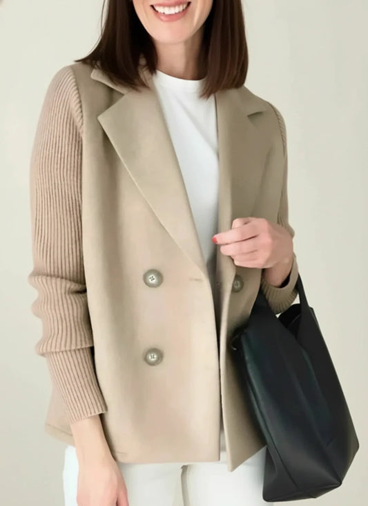 Ladies' Double Breasted Blazer in Beige - front view