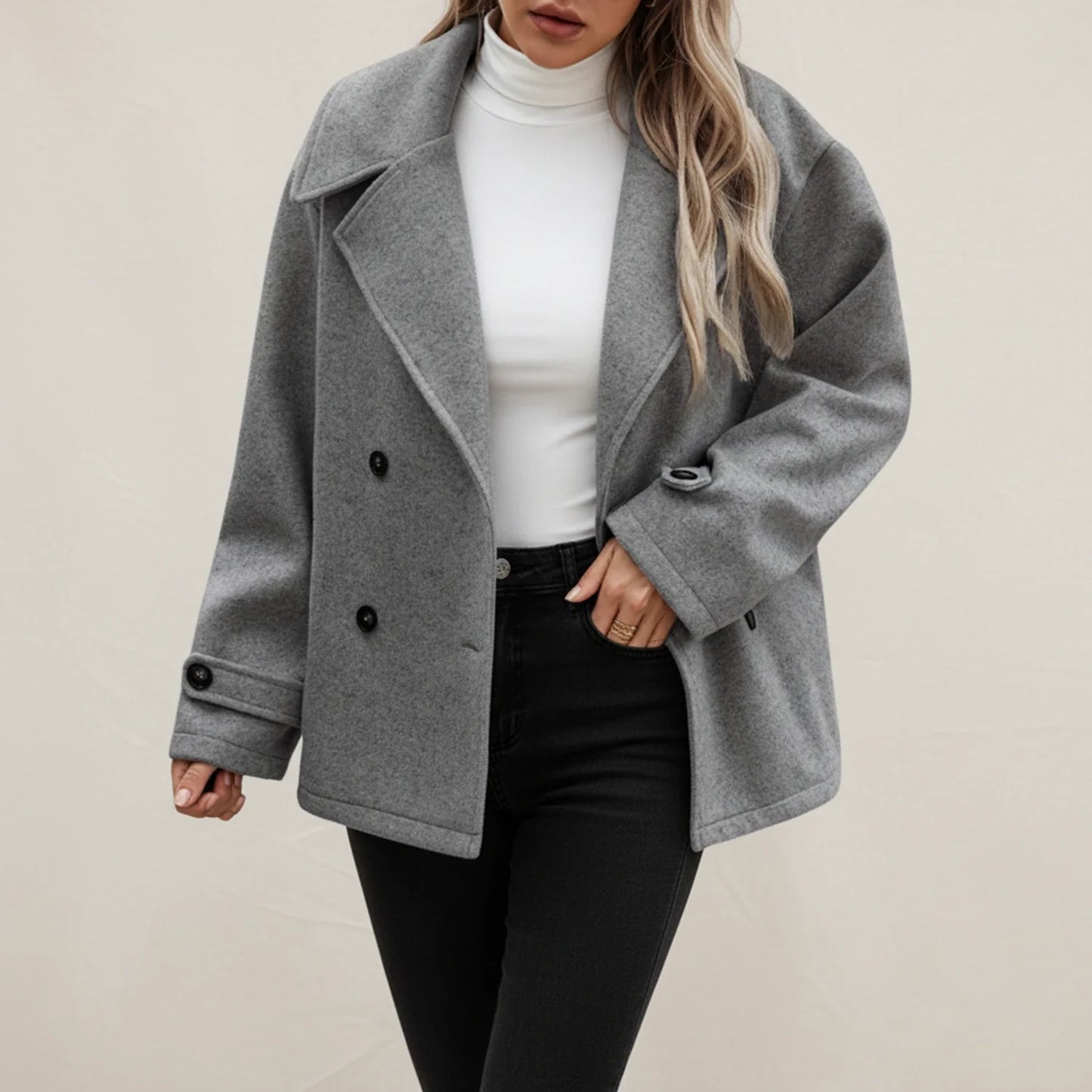 Double Breasted Winter Pea Coat for in Gray - side view