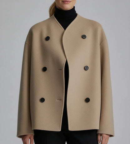 Luvrefashion | Ladies' Collarless Double Breasted Short Jacket in Khaki - side view