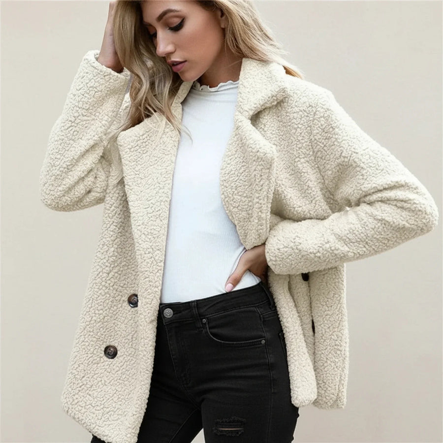Luvrefashion | Double Breasted Teddy Peacoat for in Beige - side view