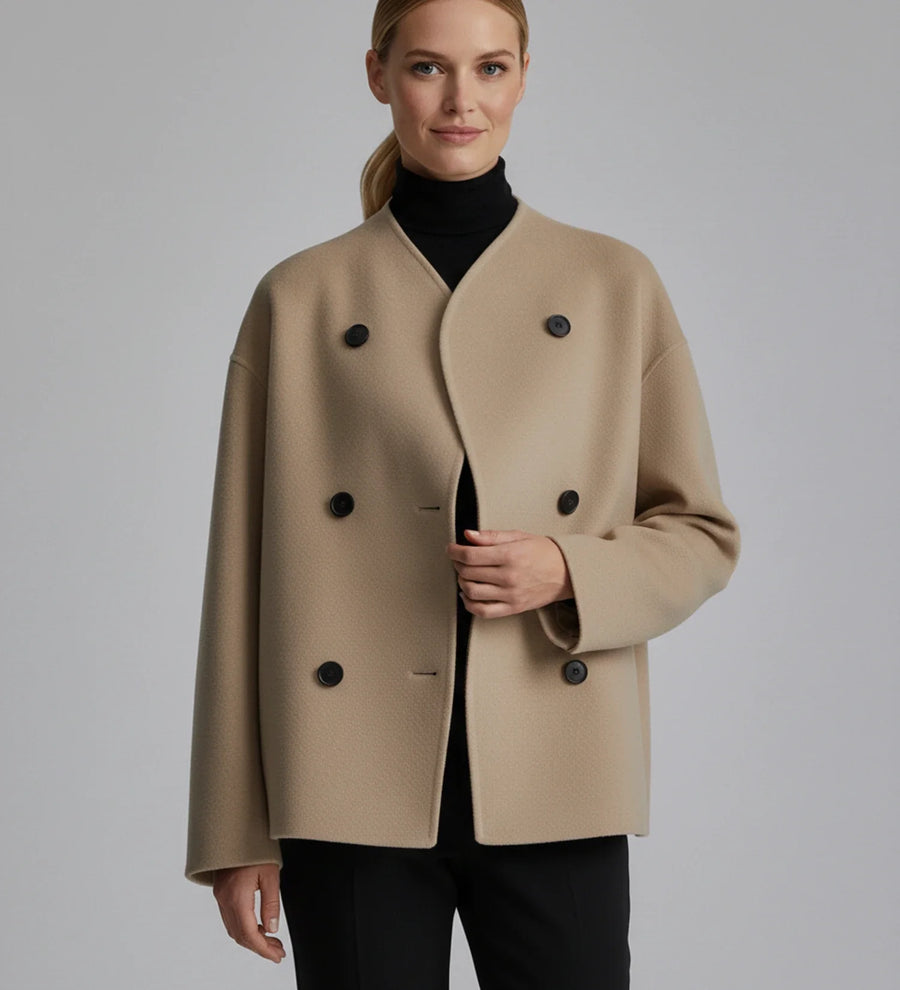 Luvrefashion | Ladies' Collarless Double Breasted Short Jacket in Khaki - front view