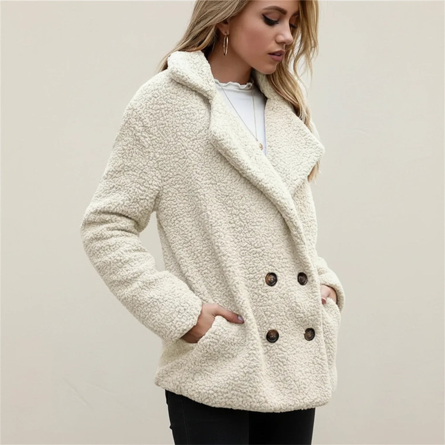 Double Breasted Teddy Peacoat for in Beige - back view